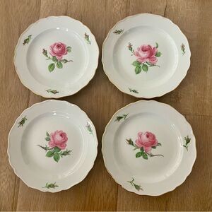 4 PCs Meissen Germany Pink Roses Desert Plates 7”, Hand Painted Vintage Gold Rim